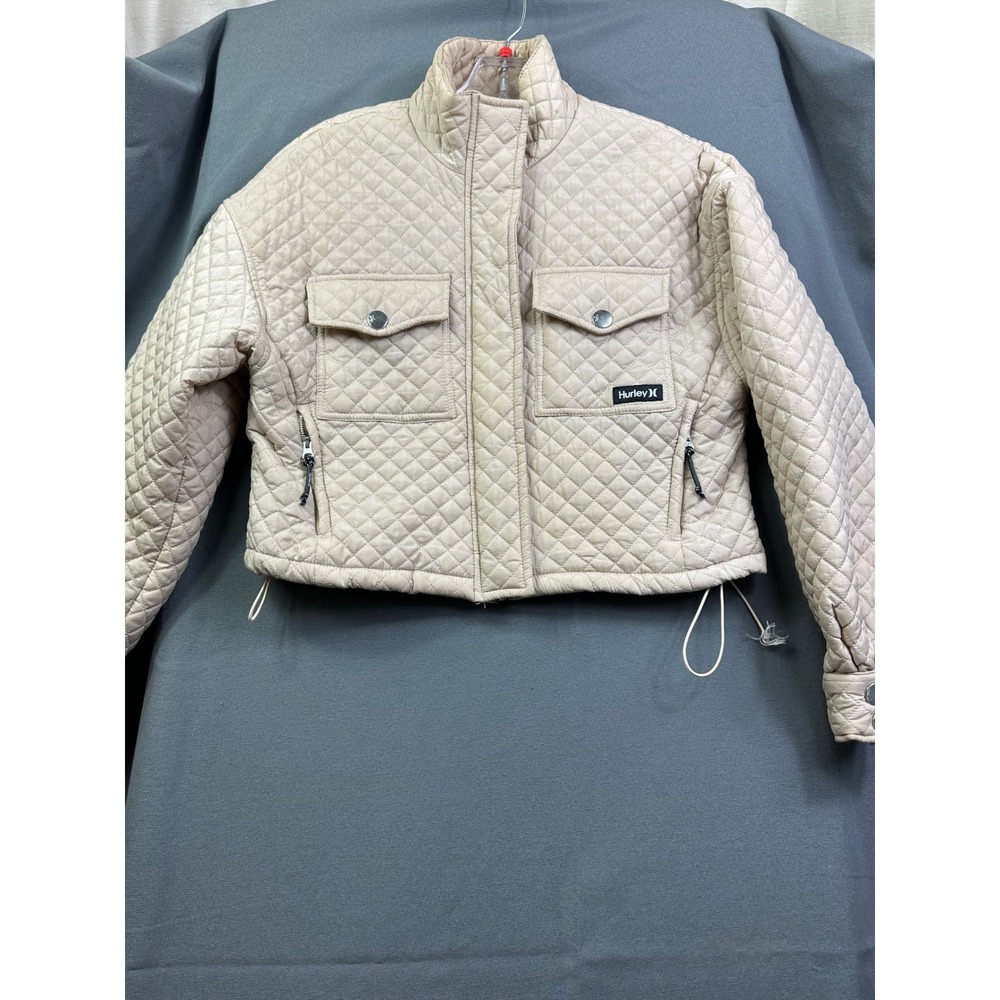 Hurley Women's Quilted Puffer Jacket Beige Tan Cropped Full Zip Size M Medium